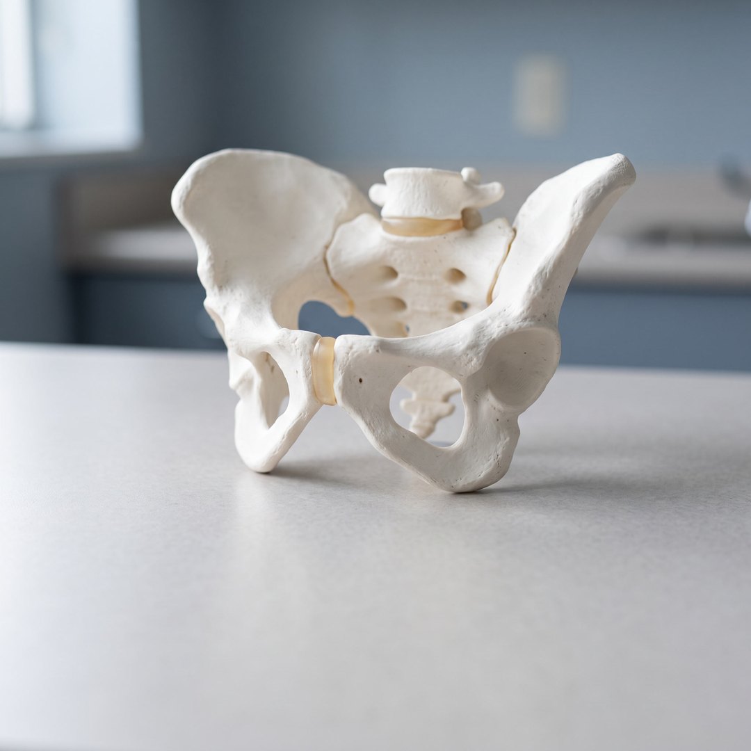 Anatomical model of the pelvis on a clinic treatment table